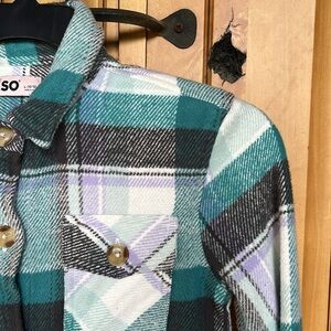 SO Plaid Button-Down Shirt in Teal, Black, Lavender & White